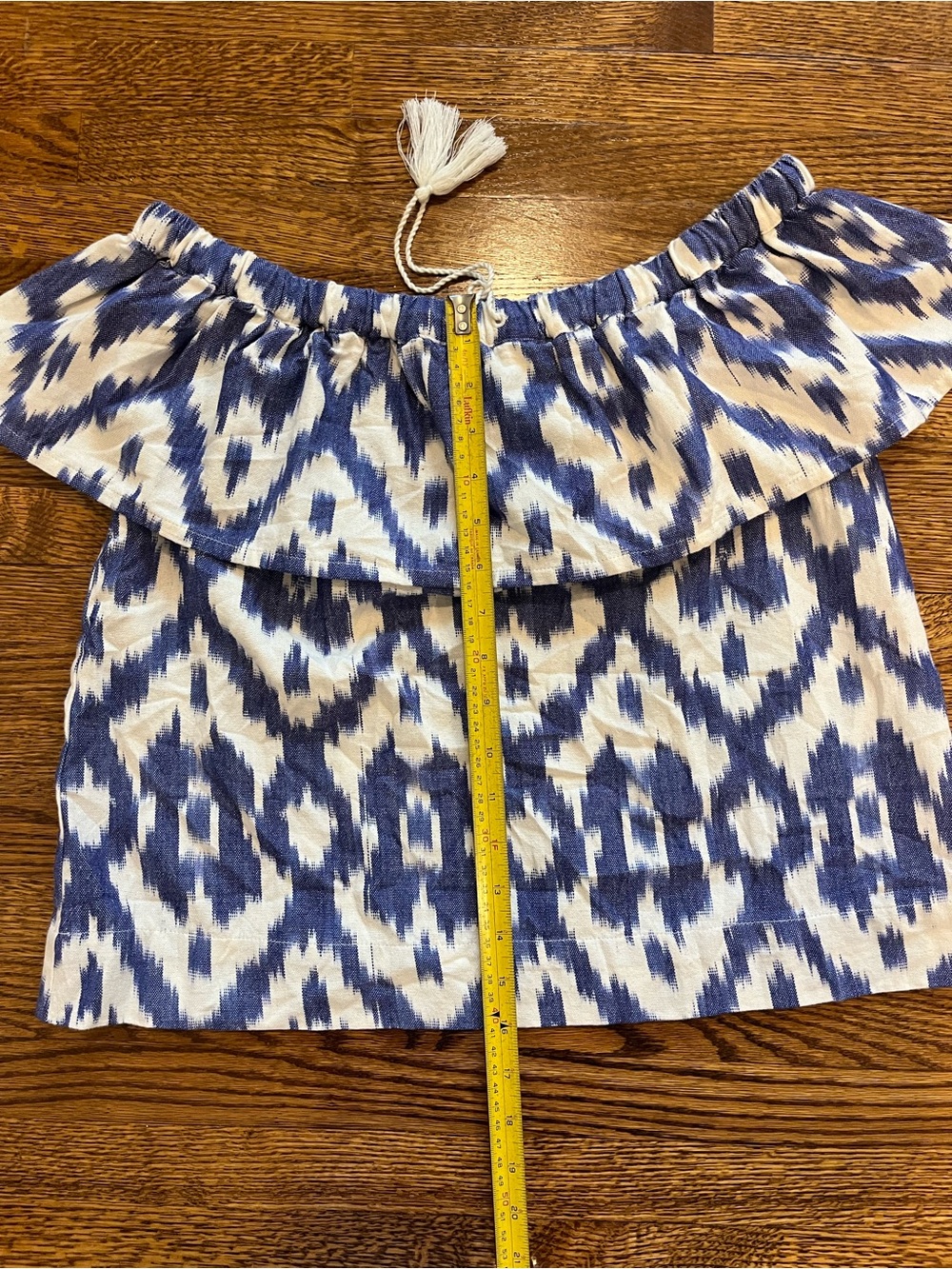 Madewell Blue & White Off-Shoulder Ikat Balcony Blouse Coastal Beach Summer Top - Picture 10 of 12